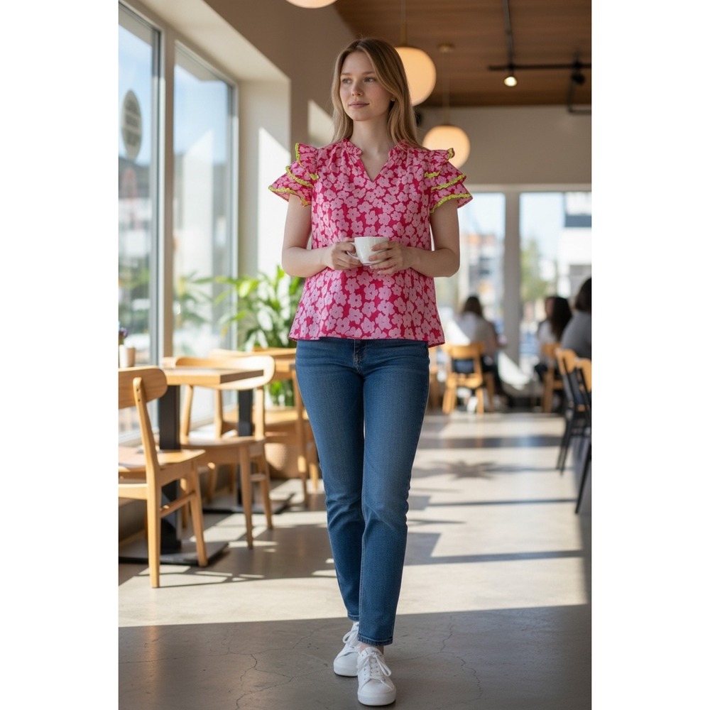 Pink Floral Blouse with Yellow Accents‎